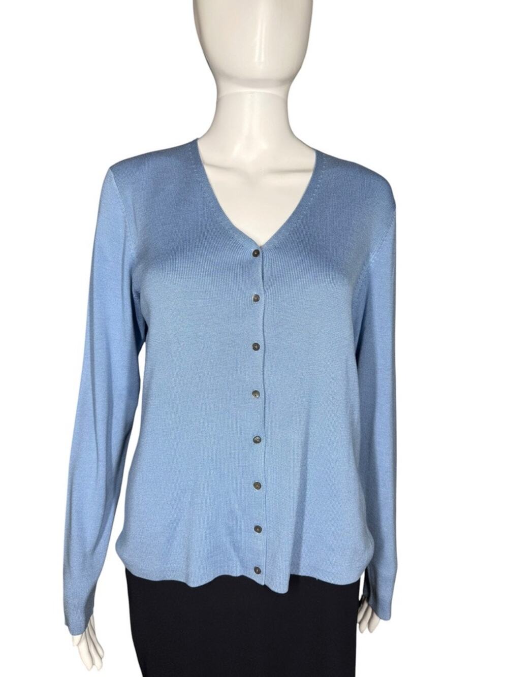 Ann Taylor 100% Silk Light Blue Button Front Cardigan Knit Sweater Size Medium